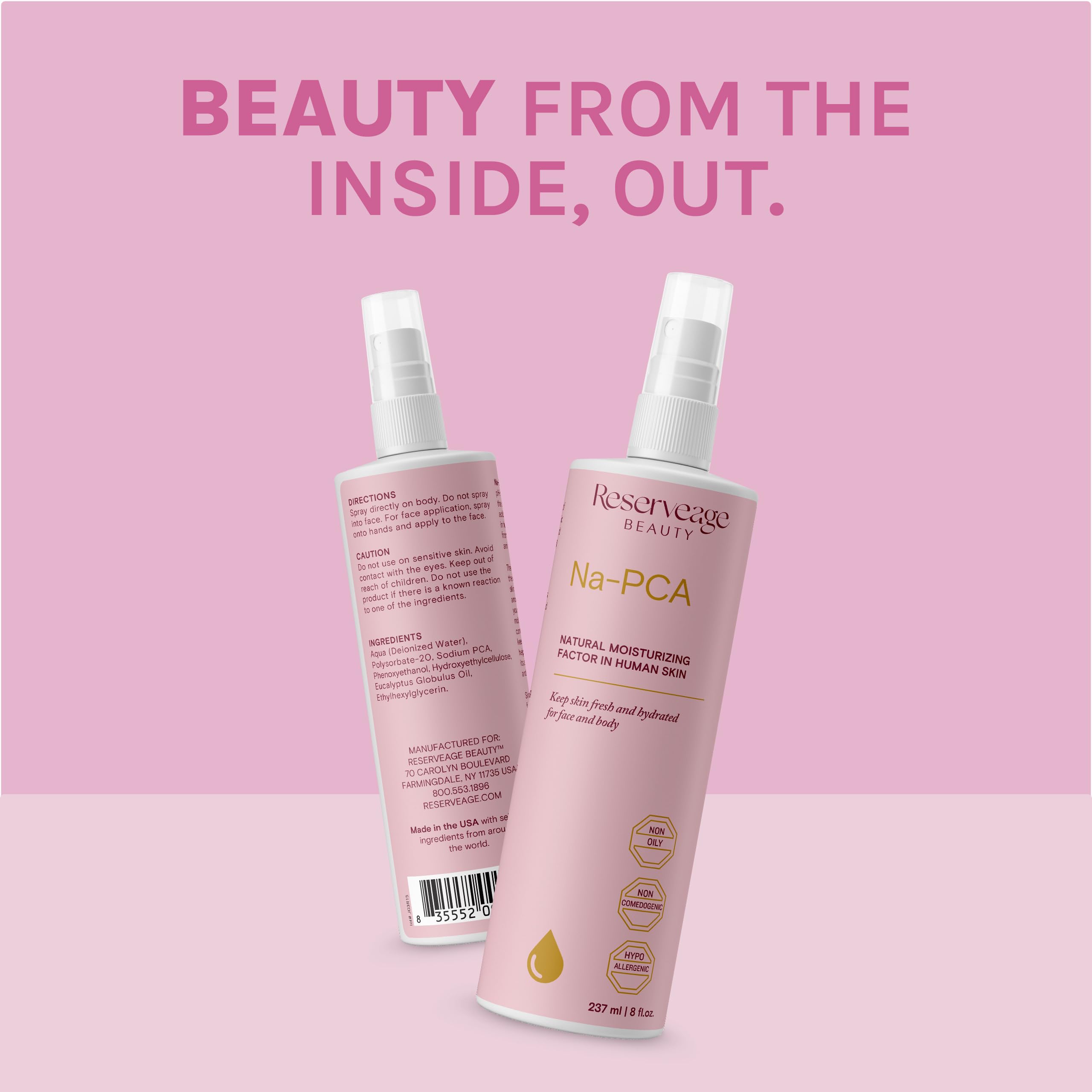 Reserveage Na-PCA Spray packaging showcases travel-friendly 8 fl oz bottles
