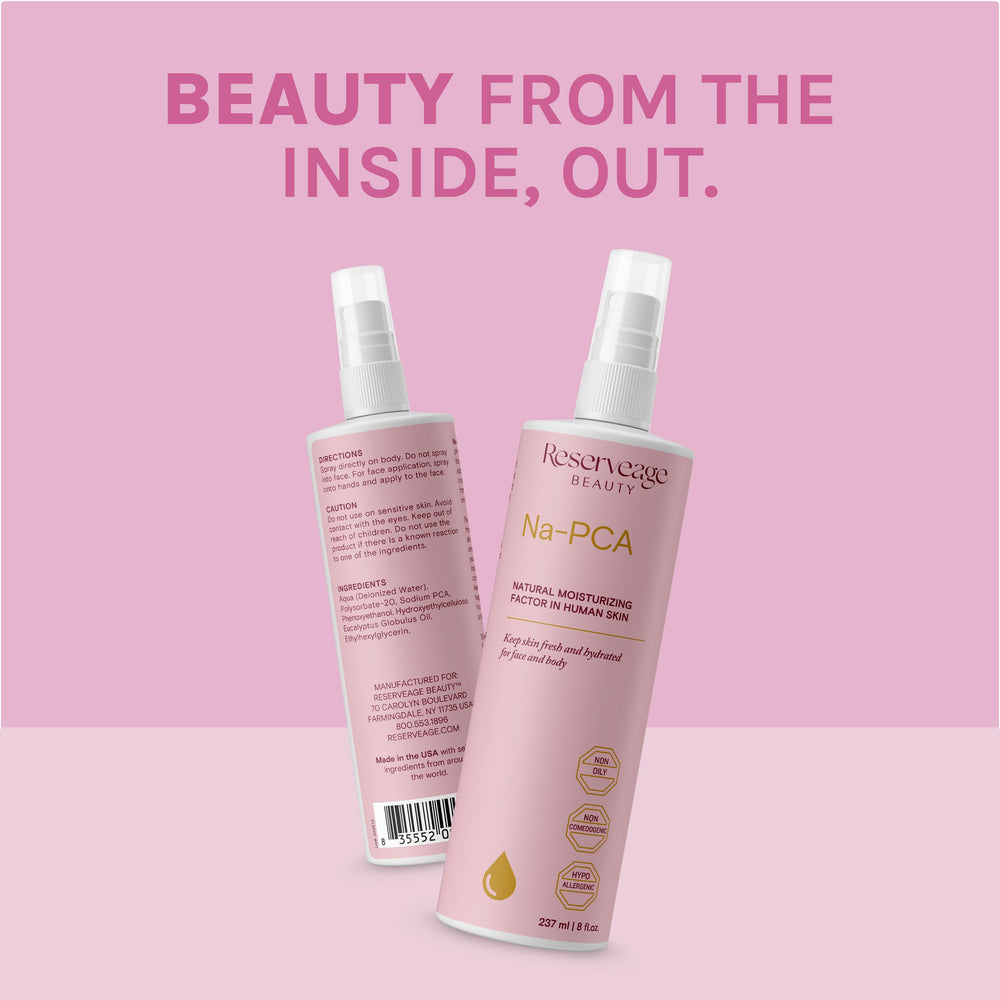 Reserveage Na-PCA Spray packaging showcases travel-friendly 8 fl oz bottles