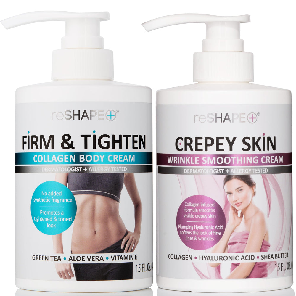Reshape+ collection packshot showing two collagen body cream tubes for hydration