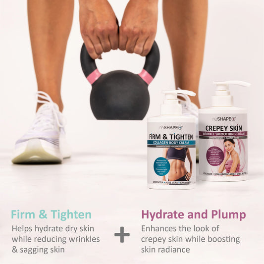 Reshape+ crepey skin cream application on arm demonstrates smoothing benefits