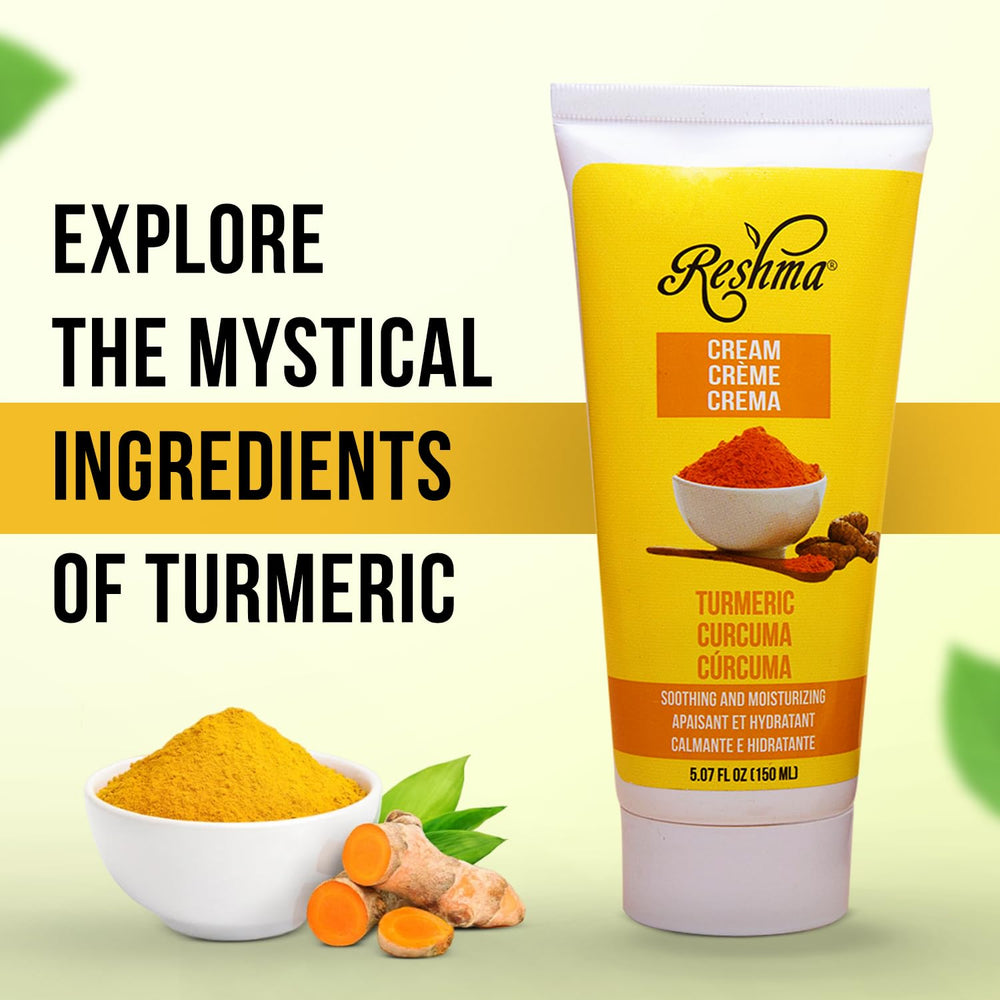 Packaging highlight of Reshma Beauty Turmeric Cream showing dye-free formula