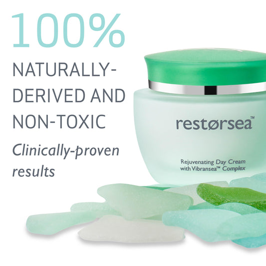 Restorsea Rejuvenating Day Cream bottle angled for quick absorption and smooth skin