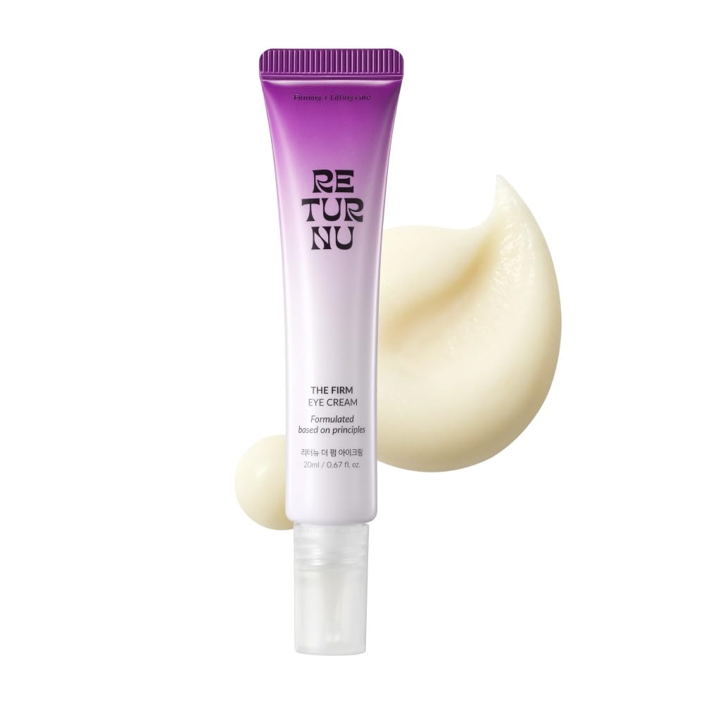 Returnu The Firm Eye Cream bottle close-up, premium packaging and under-eye firming hint