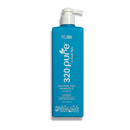 Rev320 320Pure bottle pour demonstrates lightweight formula for volume-rich fine hair.