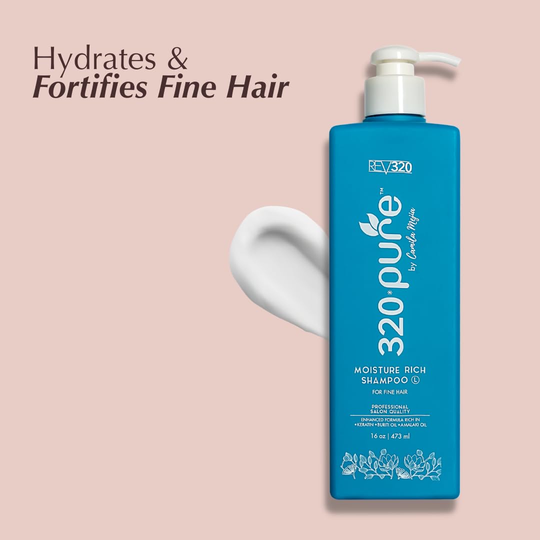 Rev320 320Pure bottle with pump shows convenient hydrating cleanse for dry, thin hair.