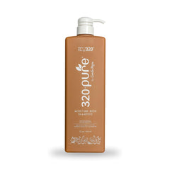 Rev320 320Pure Moisture Rich Shampoo bottle close-up shows argan oil nourishment.