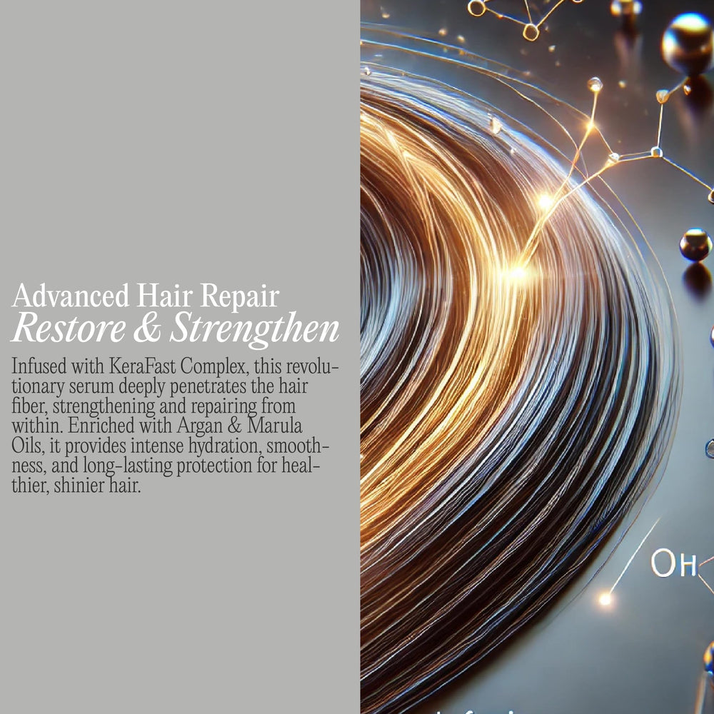 Graphic of Rev320 Miracle 8 Serum ingredients featuring keratin and silk proteins.