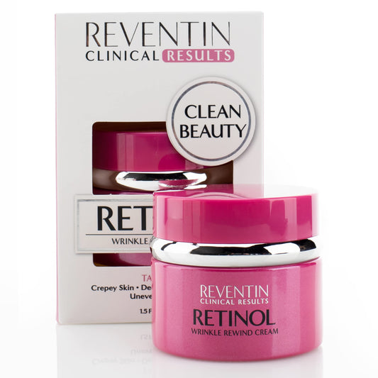 Reventin Clinical Results retinol bottle highlights the anti-aging formula.