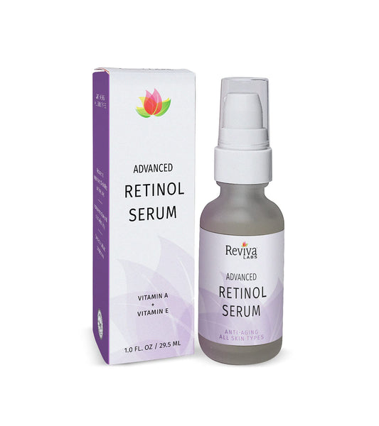 Reviva Labs Advanced Retinol Serum bottle with dropper for a radiant, youthful complexion.