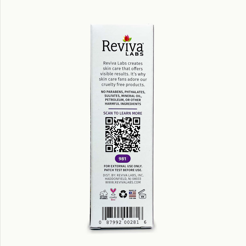 Close-up of Reviva Labs serum texture showing milky consistency for even coverage.