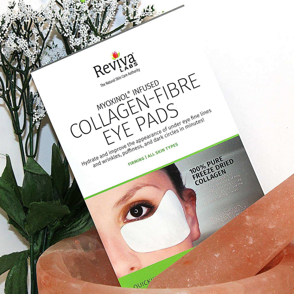 Close-up texture of Reviva Labs collagen-fibre eye pads suggesting smoother skin.