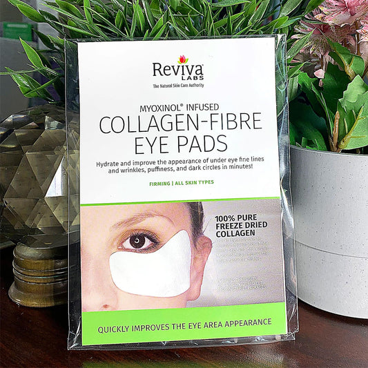 Reviva Labs eye pads placed under the eyes for a cooling, soothing wake-up effect.