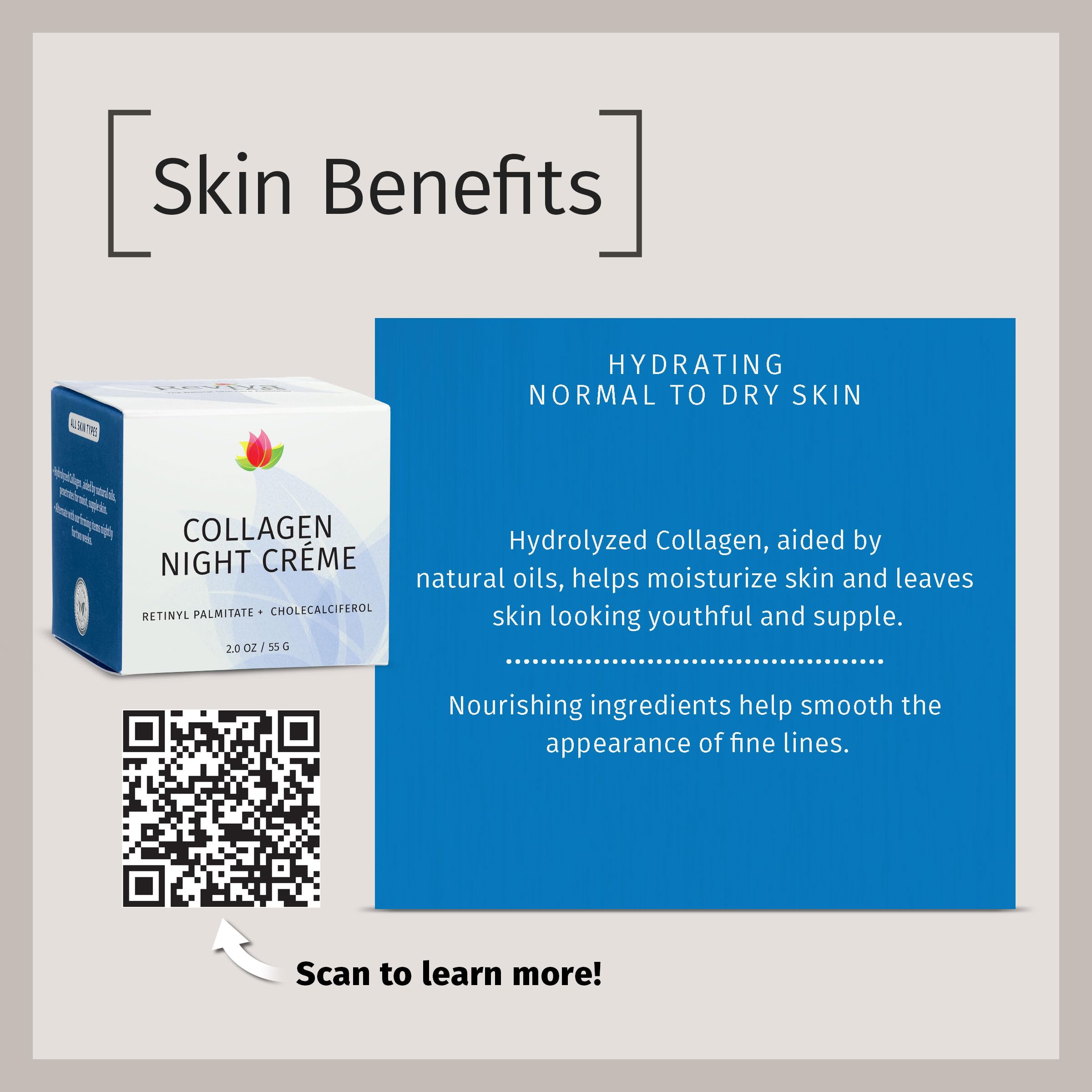 Reviva Labs Collagen Night Cream ingredient panel highlights hydrolyzed collagen.