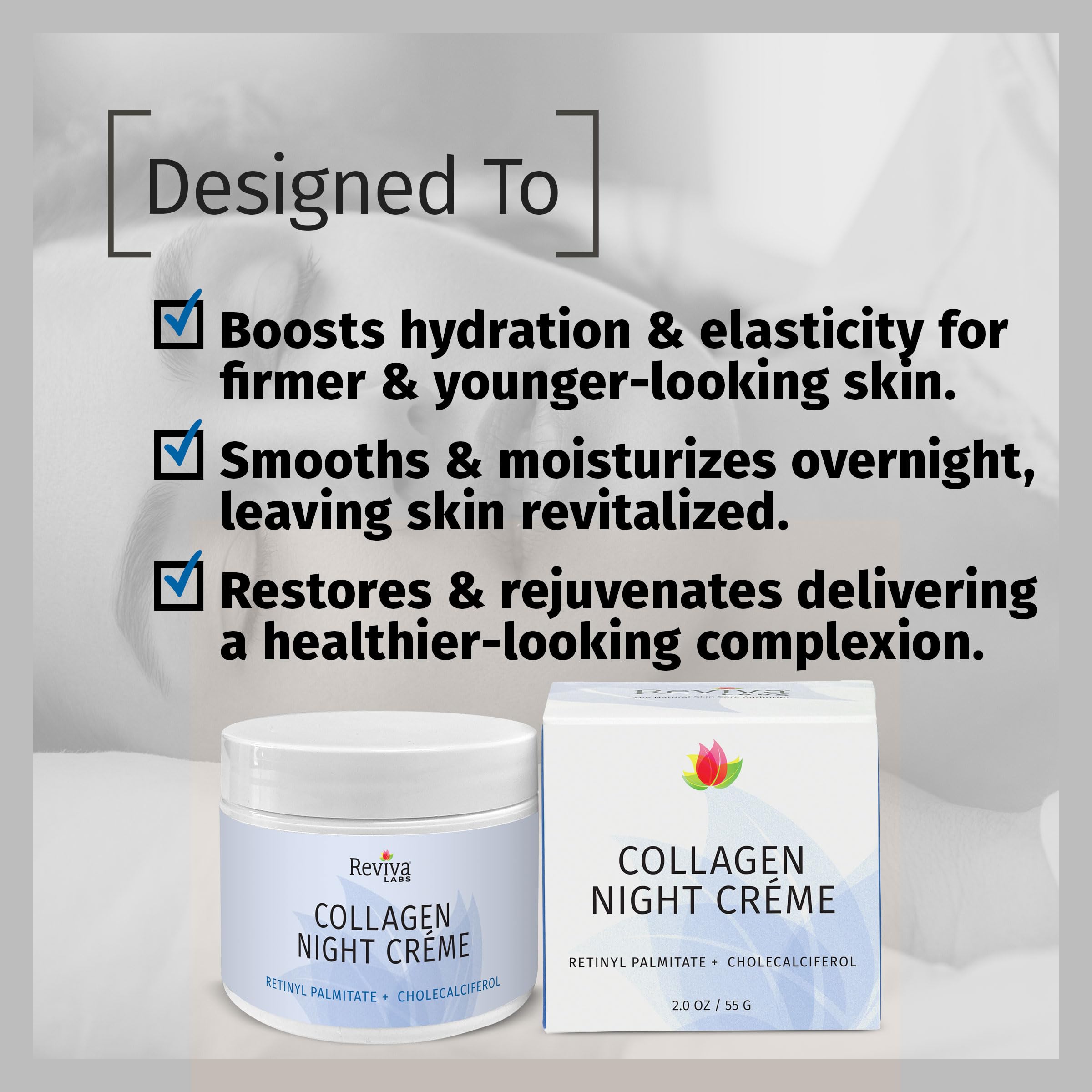 Reviva Labs Collagen Night Cream jar with botanical oils.