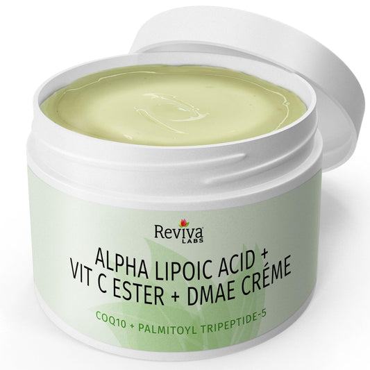 Reviva Labs DMAE Cream jar close-up emphasizing creamy texture and smooth skin
