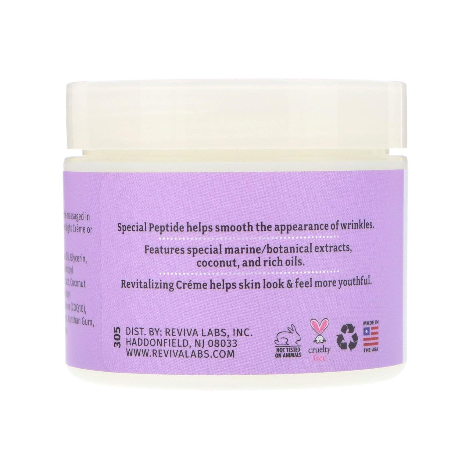 Reviva Labs Elastin-DMAE Night Creme back-label provides usage tips for nightly routine