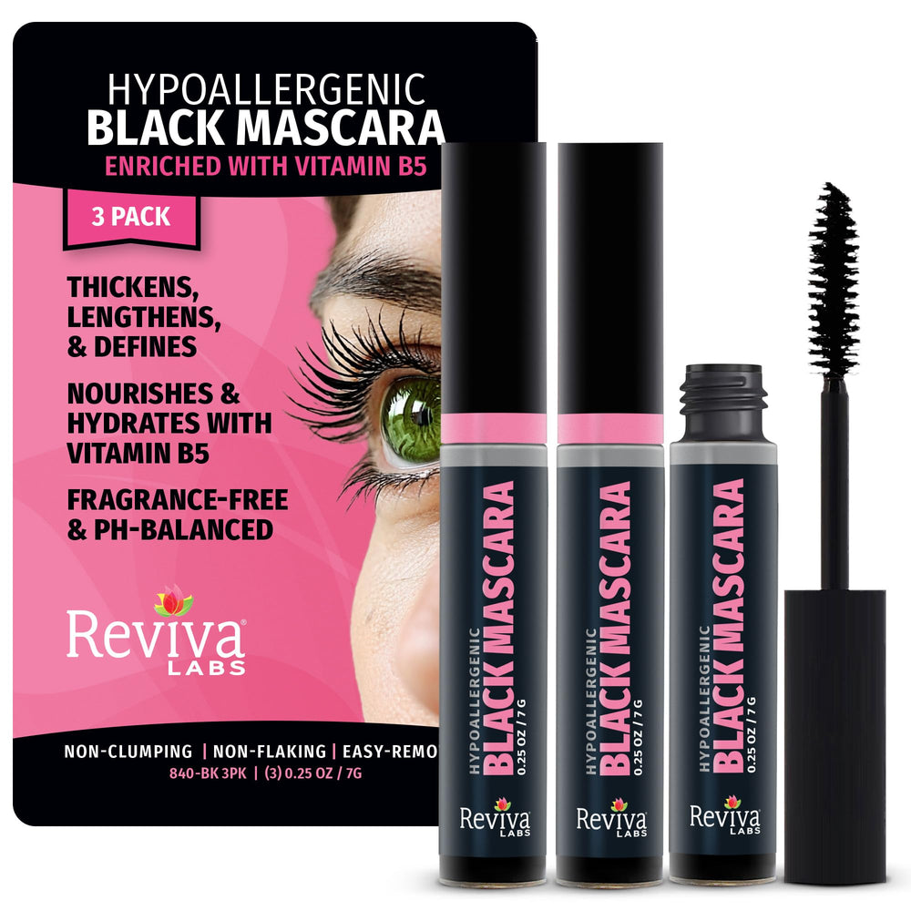 Reviva Labs mascara brush close-up showing gentle lash definition for sensitive eyes.