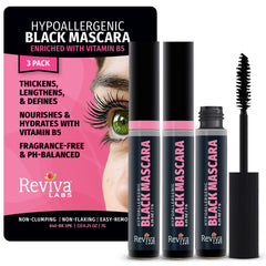 Reviva Labs mascara brush close-up showing gentle lash definition for sensitive eyes.