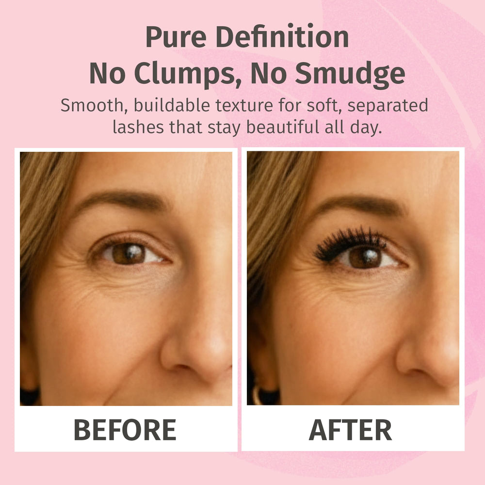 Lashes defined and lengthened with Reviva Labs mascara for a natural look.