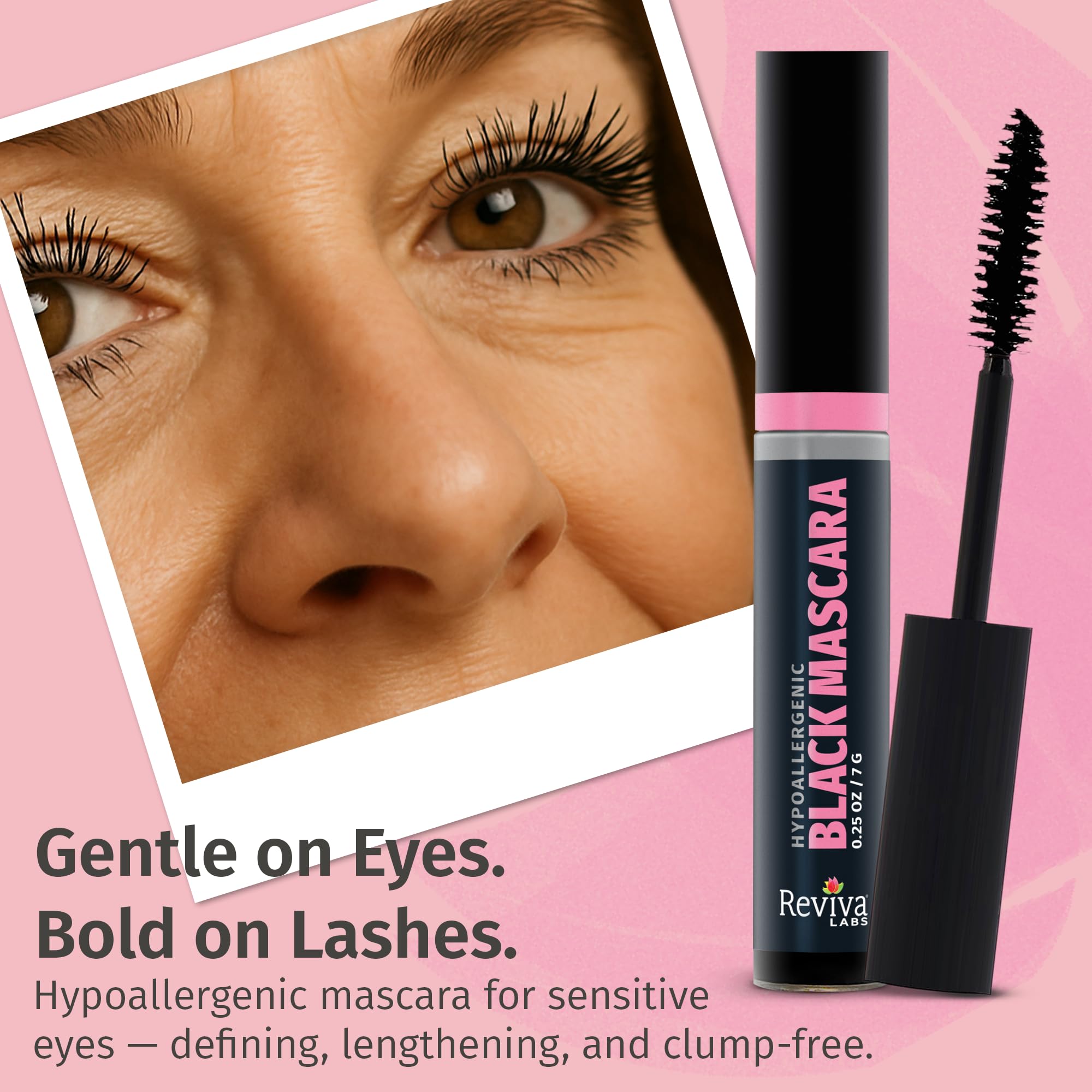 Reviva Labs mascara 3-pack packaging, convenient for travel and daily use.