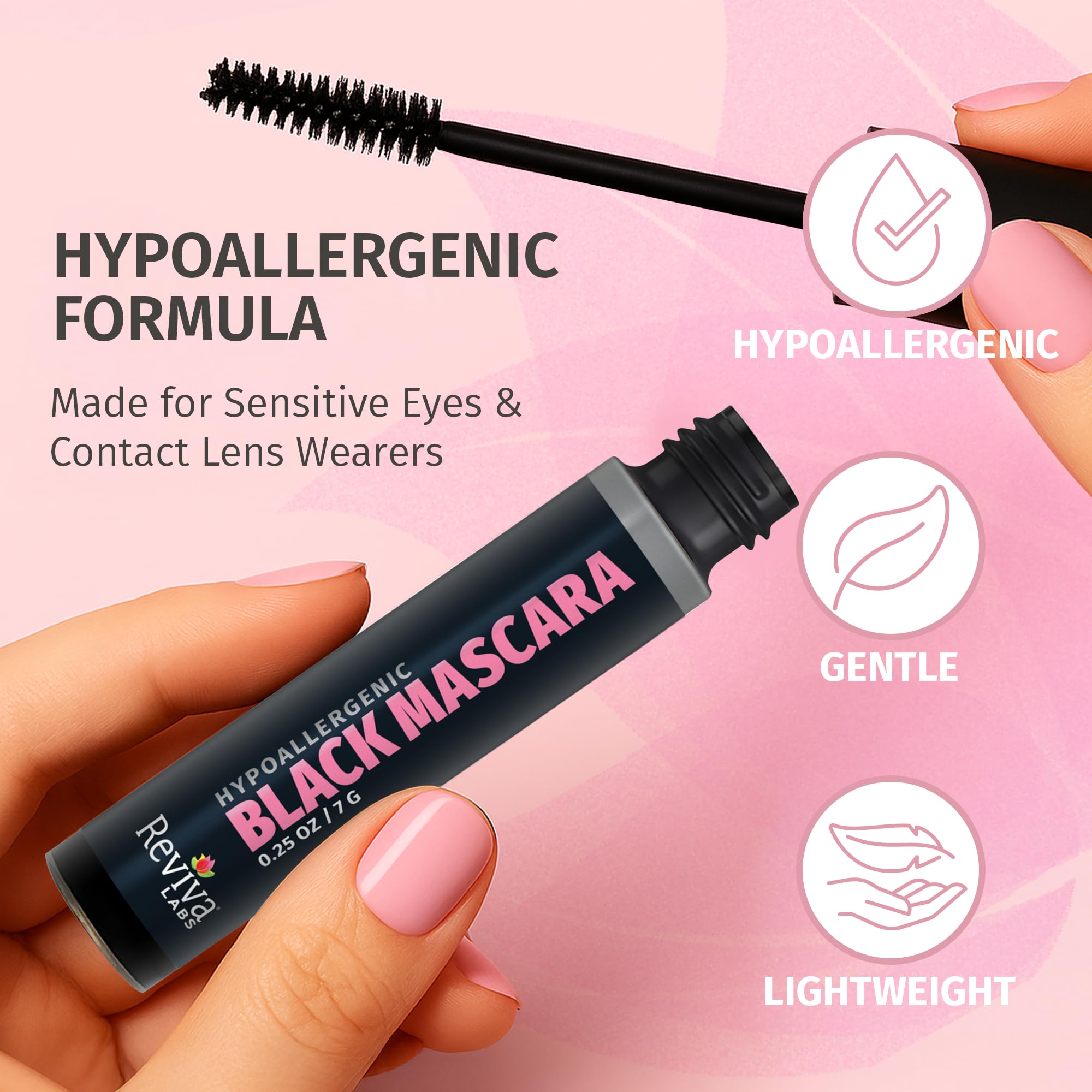 Smudge-free finish from Reviva Labs mascara stays clean on lashes all day.