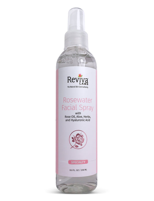 Reviva Labs Rosewater Facial Spray for refreshing tone and makeup setting.