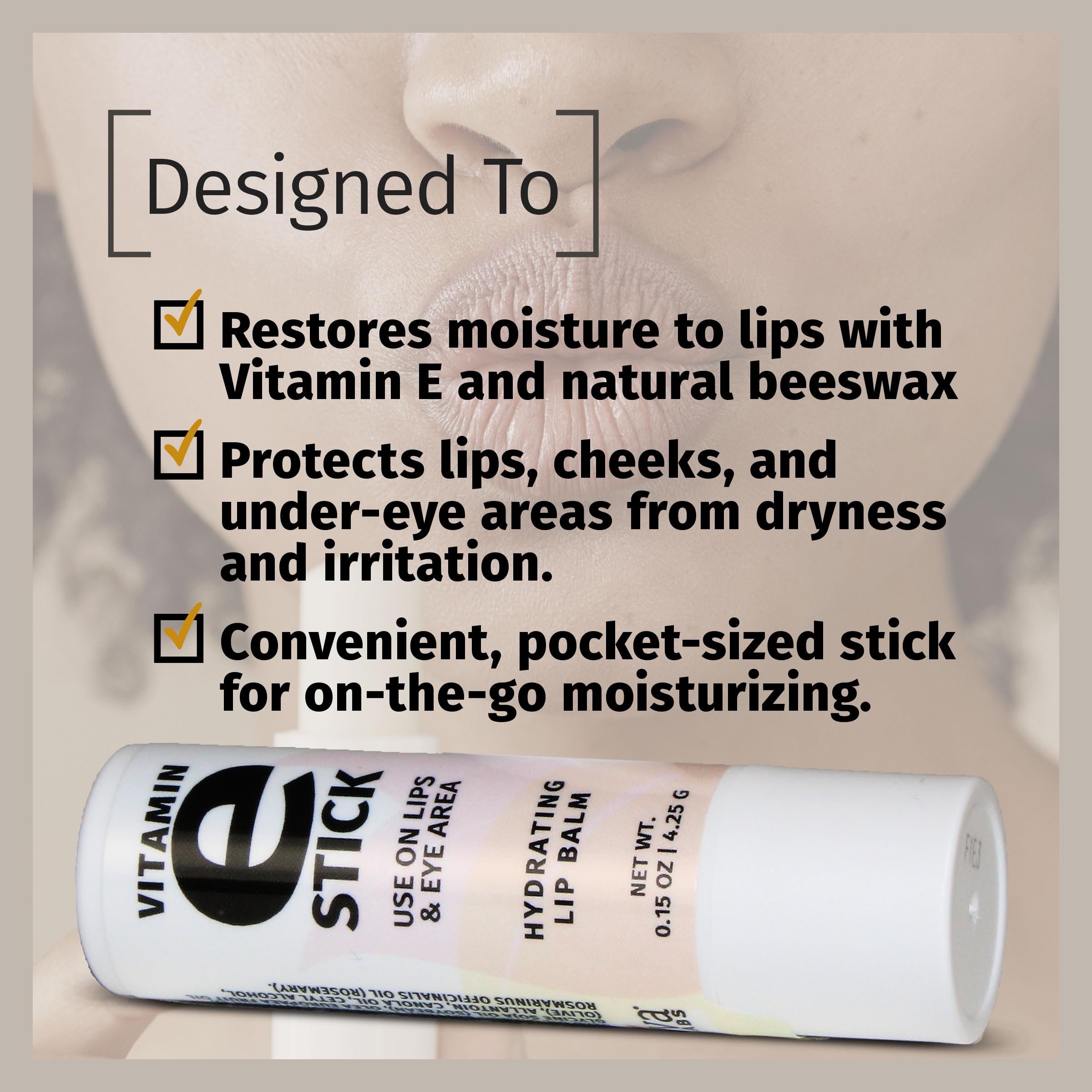 Closeup of Reviva Labs Vitamin E Stick with shea butter for nourishing skin.