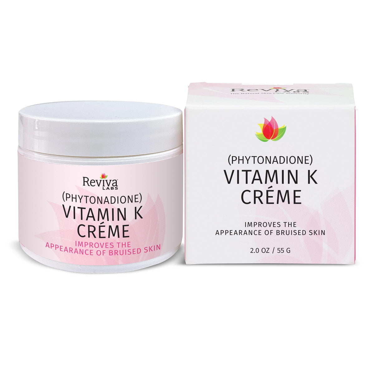 Reviva Labs Vitamin K Creme on bruising area showing soothing, skin-brightening effect
