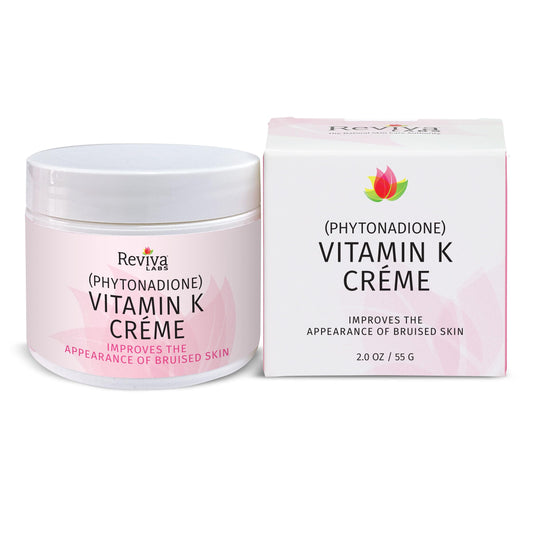 Reviva Labs Vitamin K Creme on bruising area showing soothing, skin-brightening effect
