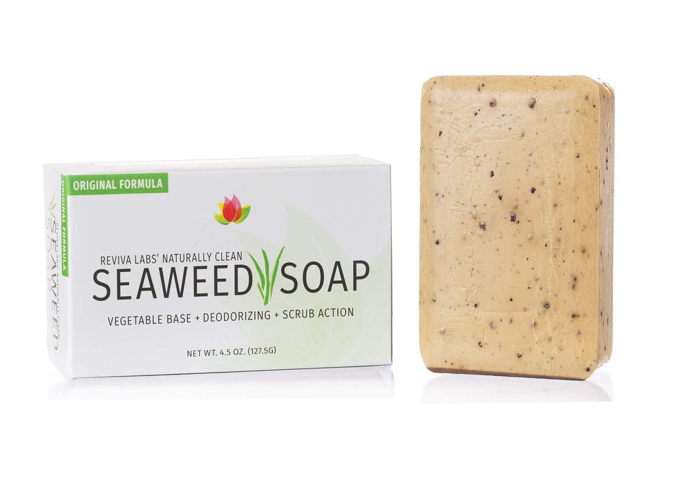 Reviva Seaweed Soap bar closeup highlighting organic seaweed and gentle exfoliation.
