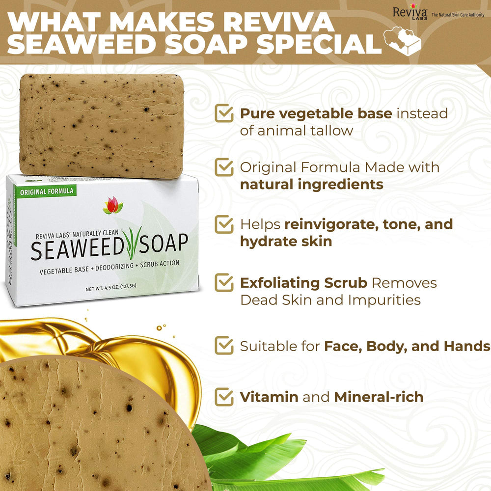 Reviva Seaweed Soap 4-pack ingredients panel emphasizes seaweed minerals for skin nourishment.