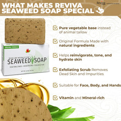 Reviva Seaweed Soap 4-pack ingredients panel emphasizes seaweed minerals for skin nourishment.