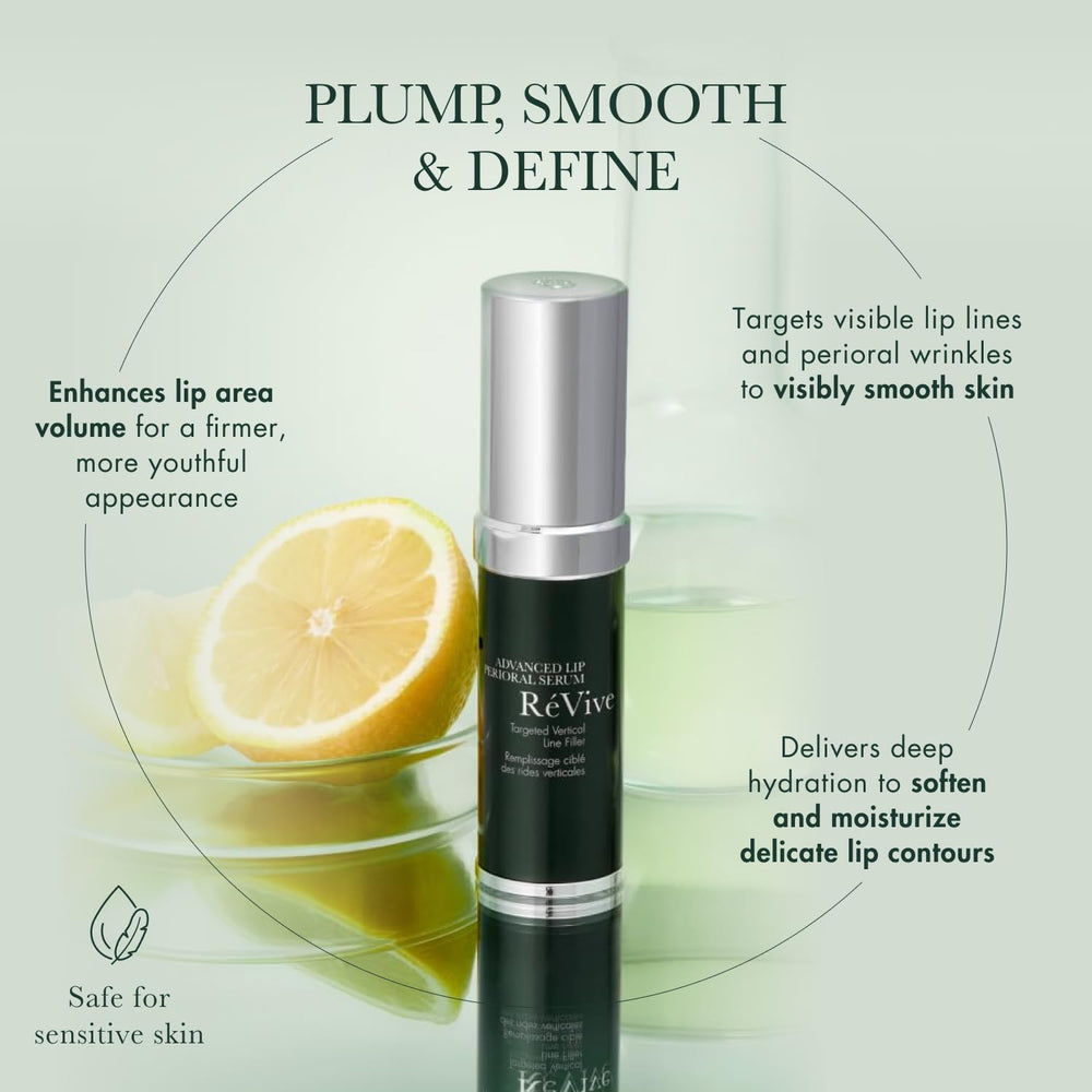 RéVive Advanced Perioral Lip Serum applicator in use for targeted lip-area care.
