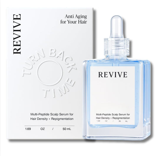 Generic Revive serum bottle front for scalp nourishment and pigment support.