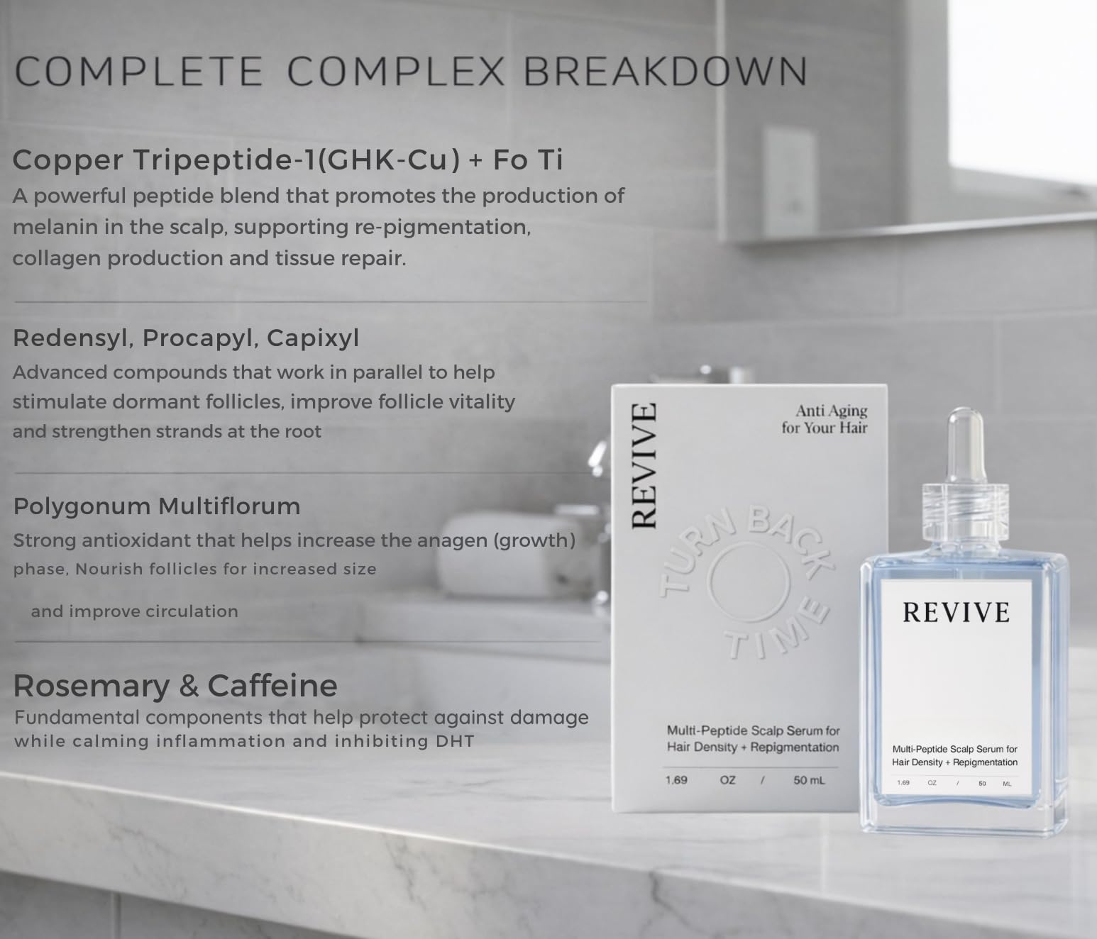 Generic Revive bottle top highlights copper peptide formula for growth support.