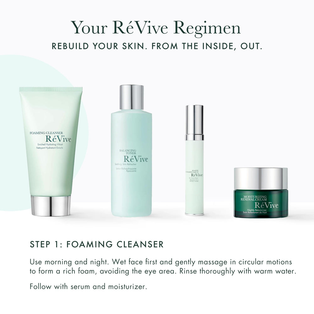 RéVive Foaming Cleanser morning routine shot with bubbles for fresh start