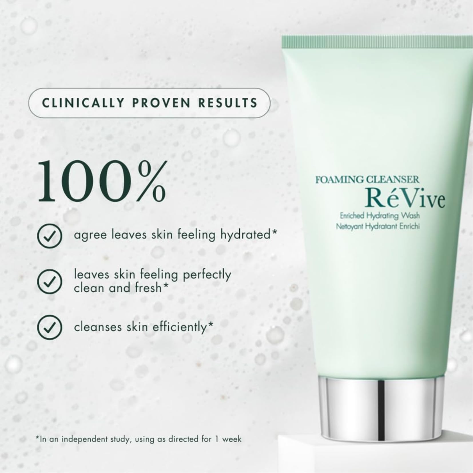 RéVive Foaming Cleanser skin barrier concept closeup suggesting moisturized, soft skin