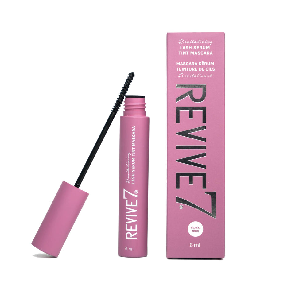 Revive7 Lash Serum Tint Mascara wand closeup for precise, even application on short lashes.