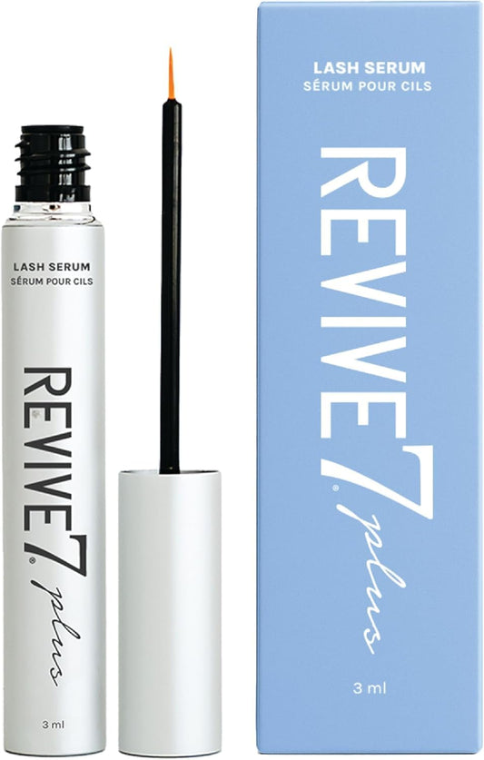 Revive7 Plus lash serum bottle close-up, Canada-made packaging for daily lash care.