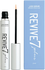 Revive7 Plus lash serum bottle close-up, Canada-made packaging for daily lash care.