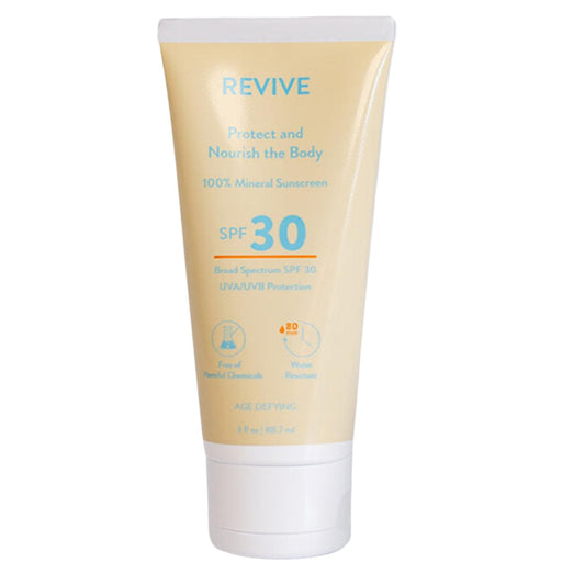 REVIVEEO Skin Health Sunscreen bottle highlighting mineral SPF 30 protection