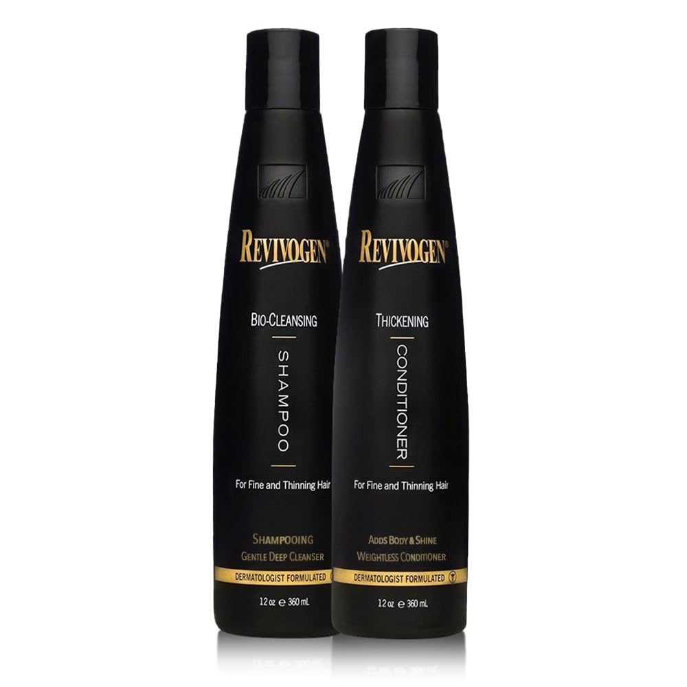 Revivogen MD Bio-Cleansing Shampoo bottle pouring for a gentle cleanse and refreshed scalp