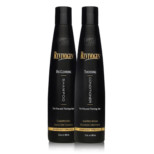 Revivogen MD Bio-Cleansing Shampoo bottle pouring for a gentle cleanse and refreshed scalp