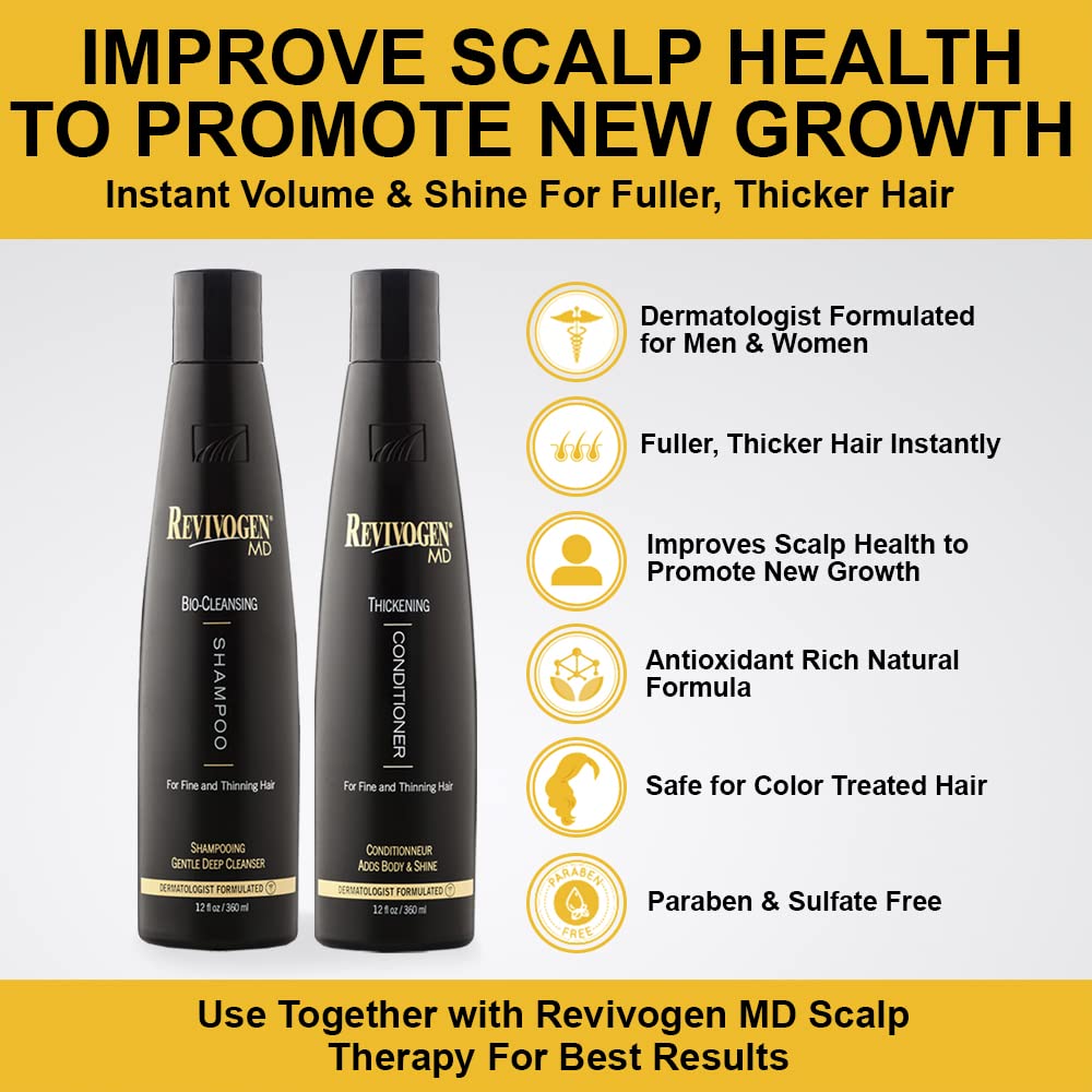 Revivogen MD Thickening Conditioner tube dispensing for smoother detangling and fullness