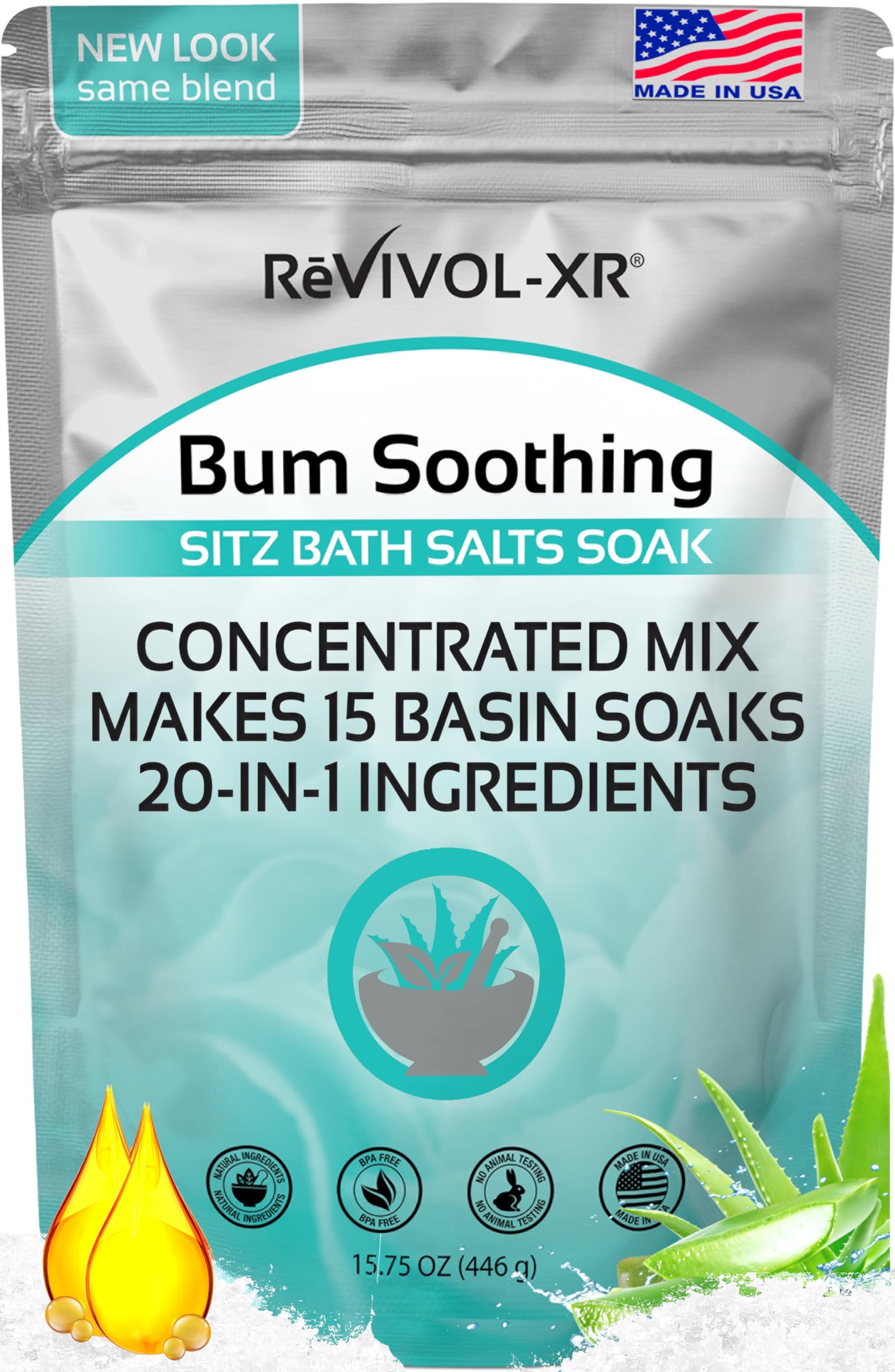 REVIVOL-XR Sitz Bath salts packaging highlighting premium ingredients for soothing relief