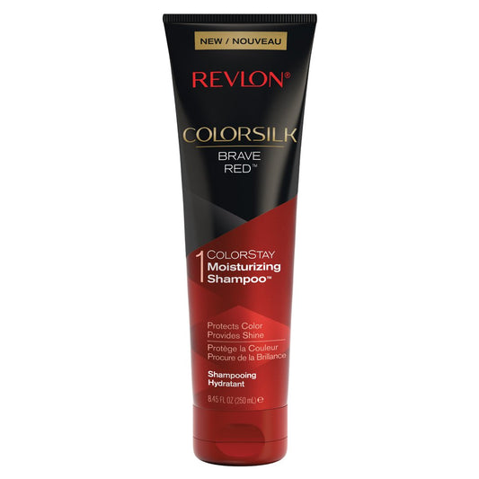 REVLON Colorsilk Care Shampoo red bottle protects color and adds shine.