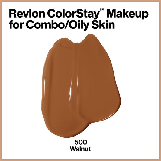Revlon ColorStay Walnut 500 swatch shows medium-full matte coverage.