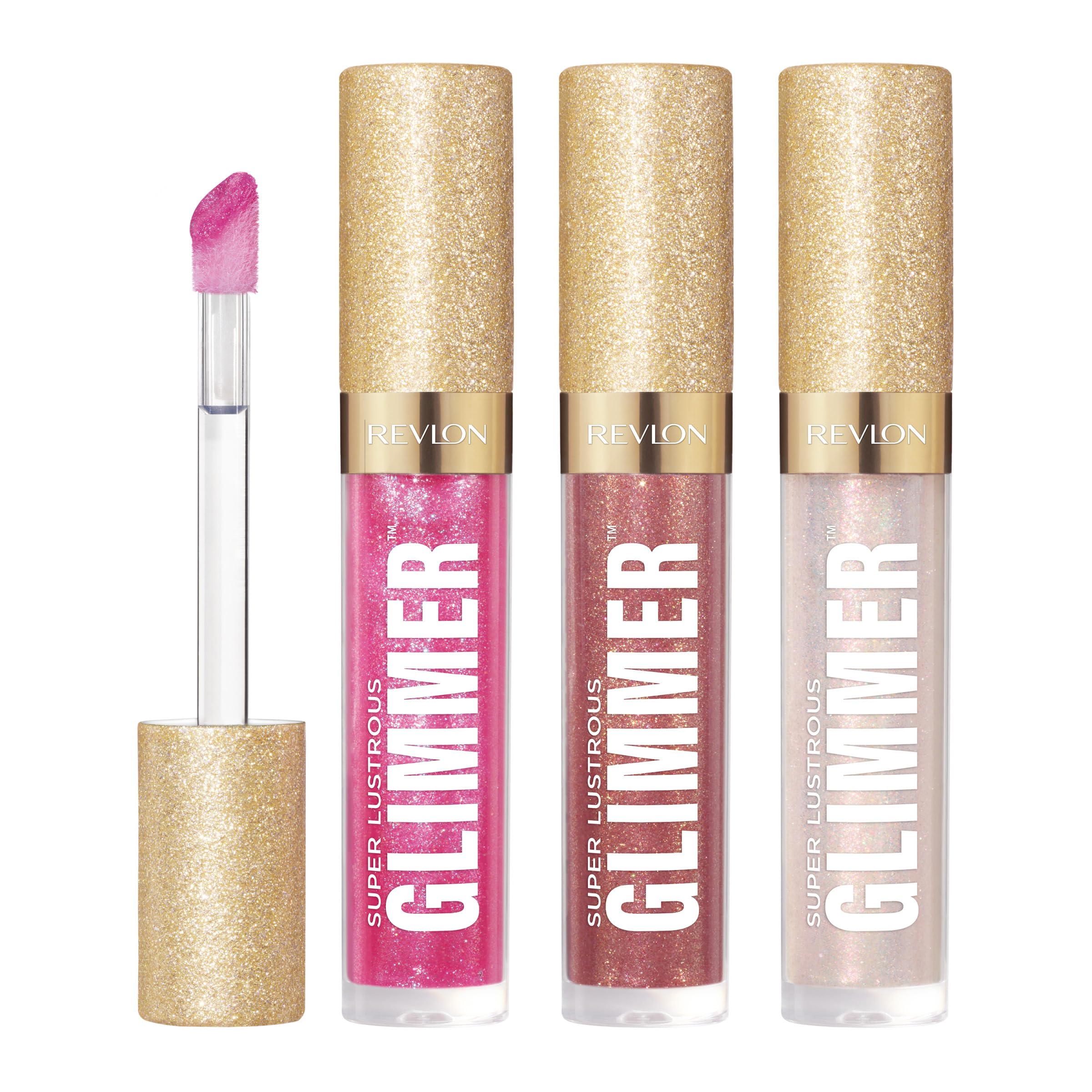 Revlon Glimmer Gloss Rose Glow bottle with vibrant pink sparkle for bold color payoff