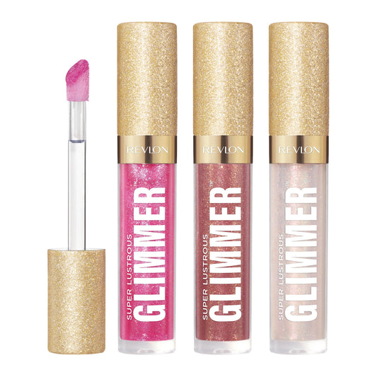 Revlon Glimmer Gloss Rose Glow bottle with vibrant pink sparkle for bold color payoff