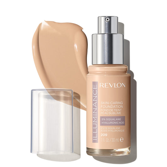 REVLON Illuminance foundation bottle demonstrates hydrating formula for radiant skin